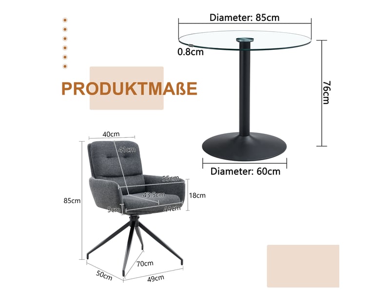  Ensemble table à manger ronde en verre trempé avec 4 chaises pivotantes 360° en tissu gris foncé et métal noir  - Conforama C