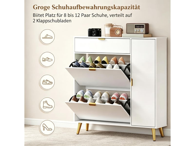  Meuble à chaussures 8 à 12 paires à faible profondeur avec rangement - lpospi - portes abattantes mdf blanc  - Conforama E