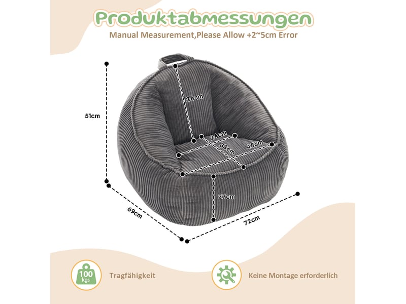  Fauteuil poire pour enfant modenvie en velours côtelé gris avec garnissage mousse, 69 x 72 x 51 cm  - Conforama C