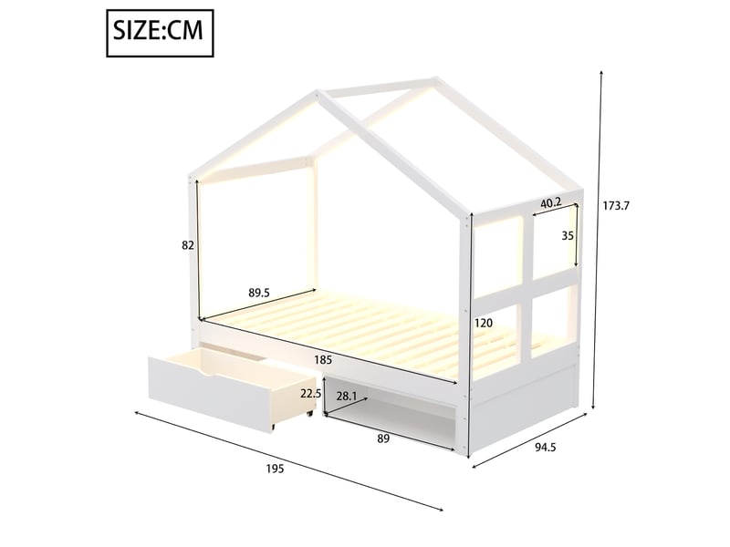  Modenvie lit cabane 90x190 cm - rangement avec tiroir, eclairage led multicolore, sommier inclus - blanc  - Conforama C