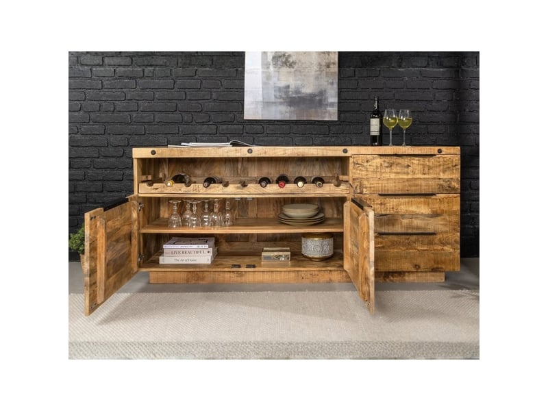 Buffet loden 175 cm en bois massif de manguier verni – 2 portes, 3 tiroirs et niche à bouteilles - Conforama E