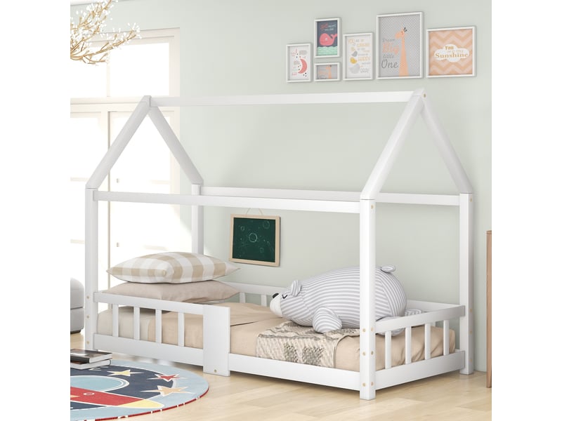Lit cabane enfant 90x200cm avec tableau noir, sommier à lattes, ludique, pin, blanc, sans matelas - Conforama R
