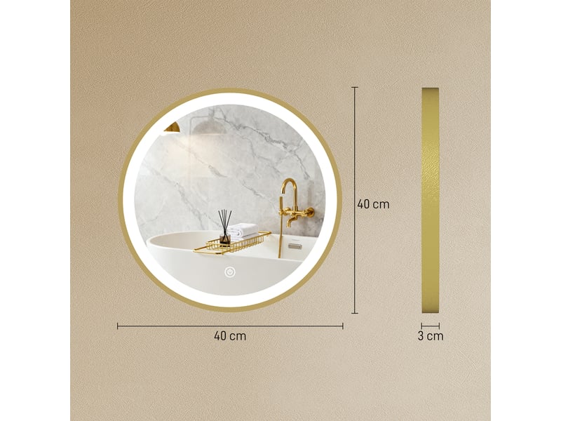 Miroir salle de bain avec éclairage led rond 40 cm, miroir lumineux mural à 3 températures de couleur, dimmable, doré - Conforama E