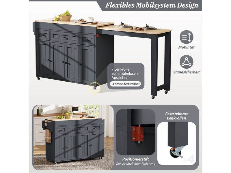  Îlot de cuisine sur roulettes avec plateau extensible 3 tiroirs gris 137-190.6 cm  - Conforama D