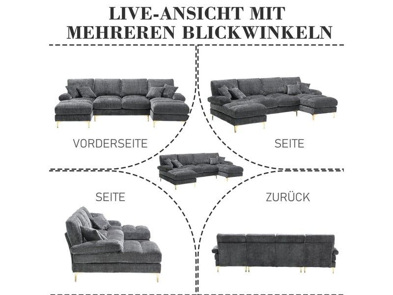  Canapé en u en chenille grise, 4 places, 2 assises relax, piètement métal doré HFSN-772GY - Conforama D