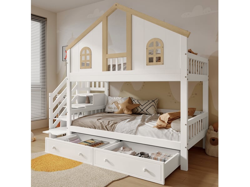  Lit superposé enfant modenvie 90 x 200 cm avec escalier de rangement blanc et bois naturel  - Conforama E