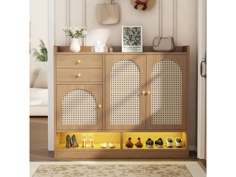  Meuble à chaussures 120 x 35 x 100 cm avec 3 portes en rotin et 2 tiroirs, led, mdf, coloris naturel, design simple  - Conforama B