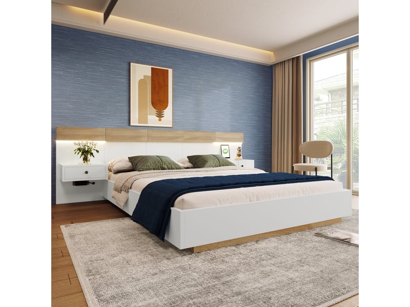  Ensemble lit double 180x200 cm chêne sonoma blanc 2 chevets led ports usb sans matelas  - Conforama B