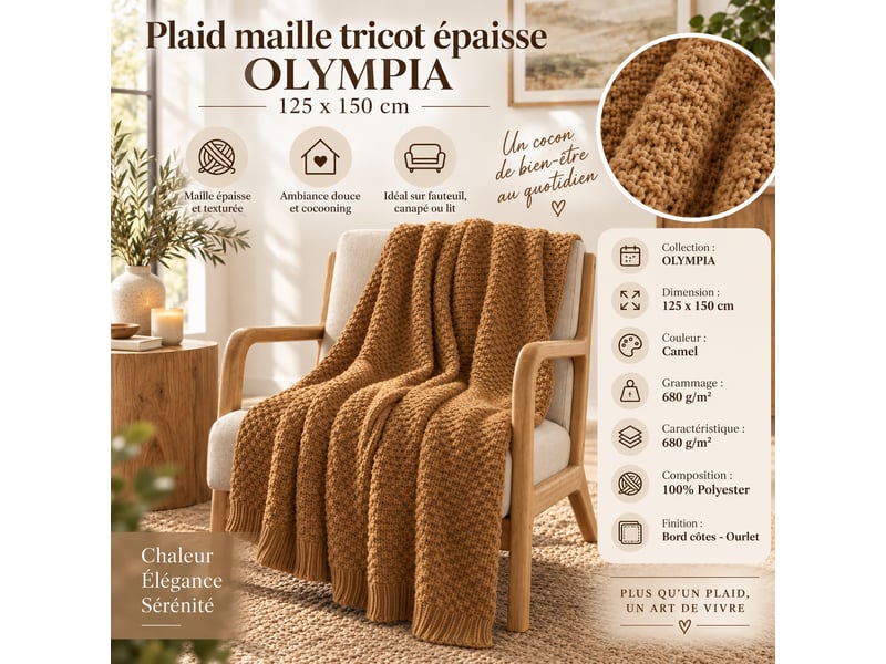  Plaid 125 x 150 cm polyester tricot uni olympia camel 15695 - Conforama D