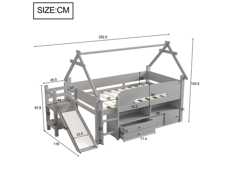  Lit enfant 90x200 cm forme toit toboggan tiroirs barrière sécurité espace jeu rangement bois massif gris  - Conforama C