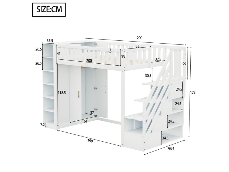 Lit mezzanine enfant 90 x 200 cm avec armoire, étagères et escalier rangement, bois, blanc Fay Lum - Conforama C