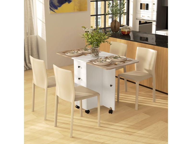  Table de cuisine pliable table à manger pliante 2 plateaux rabattables avec 2 tiroirs 1 placard blanc et chêne  - Conforama C