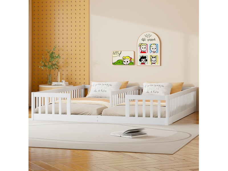 Lit enfant avec barrières de sécurité, sommier et deux couchages pour chambre de famille, en pin et mdf, blanc - Conforama D