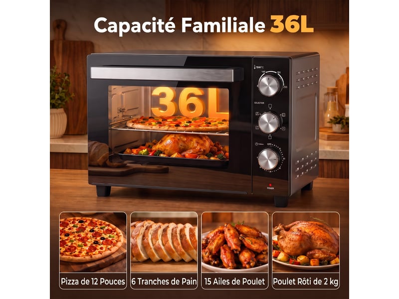 Mini-four avec broche rotative 36l 1500 w, four à convection multifonction, chaleur tournante, minuterie 60 min, argenté - Conforama E