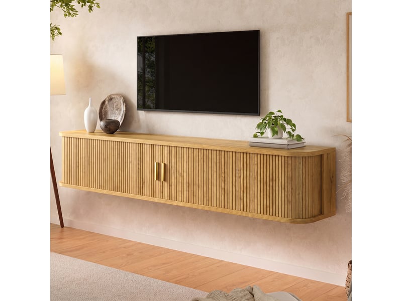  Meuble tv suspendu 175 cm avec led contrôlable par application, portes coulissantes nervurées et bords arrondis, couleur naturelle  - Conforama W
