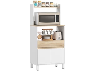 Meuble micro-ondes, buffet de cuisine avec placard, tiroir et étagère, 60 x 40 x 131 cm, chêne et blanc