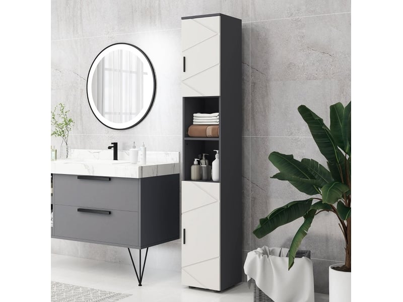  Colonne de salle de bain 30x30x183 cm avec 2 niches ouvertes bois gris foncé et gris clair  - Conforama B