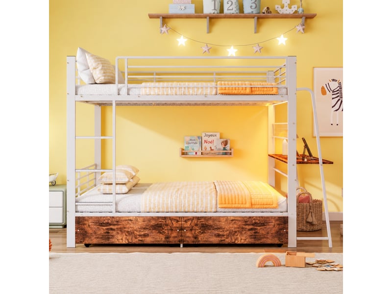  Lit superposé avec bureau 140 x 200 cm - métal blanc, 2 tiroirs, led rgb et prises usbtype-c  - Conforama B