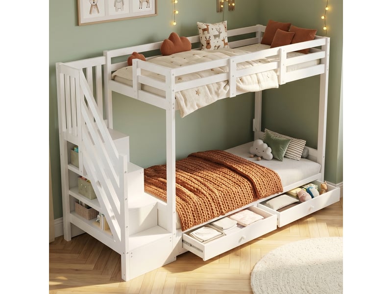  Lit superposé enfant 90x200 multifonction avec canapé et escalier de rangement - bois massif blanc  - Conforama B