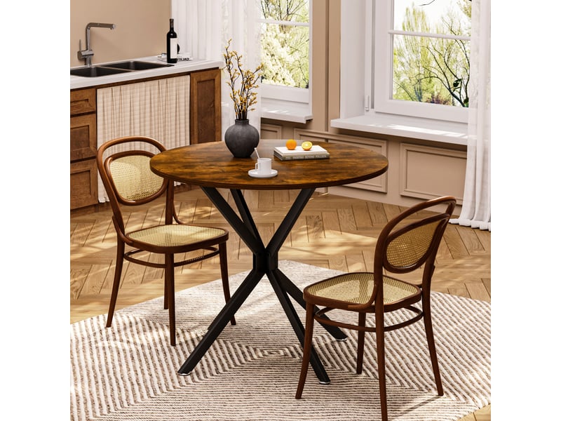  Table à manger ronde 90 cm, plateau marron, pieds métal noirs, 1-4 personnes  - Conforama E
