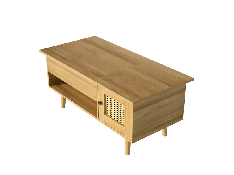  Élégante table basse avec plateau relevable et portes en rotin, couleur bois avec accents noirs, idéale pour le salon – espace de rangement pratique et design fonctionnel.  - Conforama E