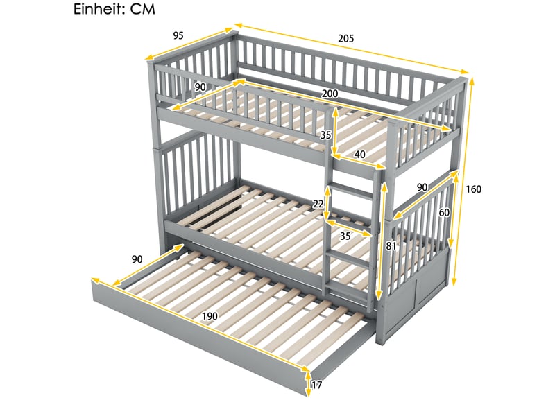  Lit superposé 90x200 cm avec lit gigogne et escalier, coloris gris  - Conforama C