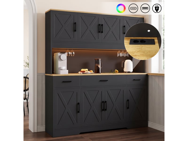  Buffet haut 150x40x180 cm, vaisselier avec rangements, 2 porte-verres, prise, usb-a et usb-c, bande led multicolore, noir et chêne evarich - Conforama B