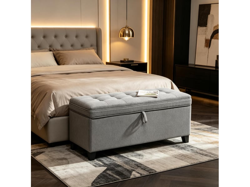  Banc de rangement 120 cm gris foncé en tissu capitonné, coffre 112 l et assise rembourrée pour votre intérieur  - Conforama E