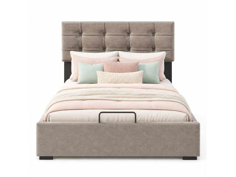  Lit coffre 140 x 200 cm gris clair en velours avec matelas et tête de lit réglable  - Conforama A
