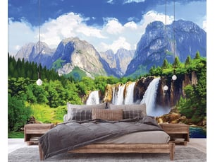 Papier peint panoramique intissé cascade paysage bleu - 300x210 cm - papier peint chambre et salon