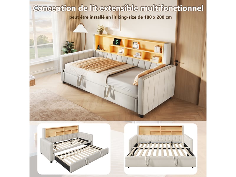 Canapé-lit 90 × 200 cm + 180 × 200 cm – avec bande led – avec prise électrique – revêtement en lin – beige (matelas non inclus) - Conforama R