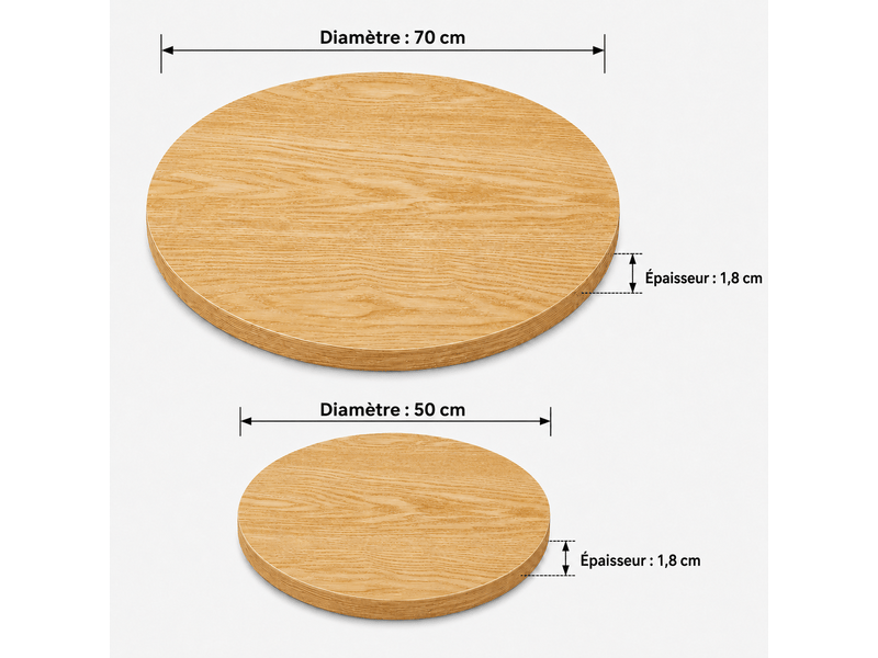  Plateau de table rond 2 pièces ø70 cm et ø50 cm bois clair mdf finition mélaminé avec inserts filetés m6 sans pied evarich - Conforama C