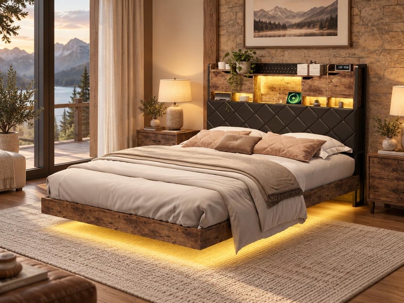 Lit 140x200 cm - led intégrée et rangement - tête de lit avec étagères - style industriel bois et métal - Conforama B