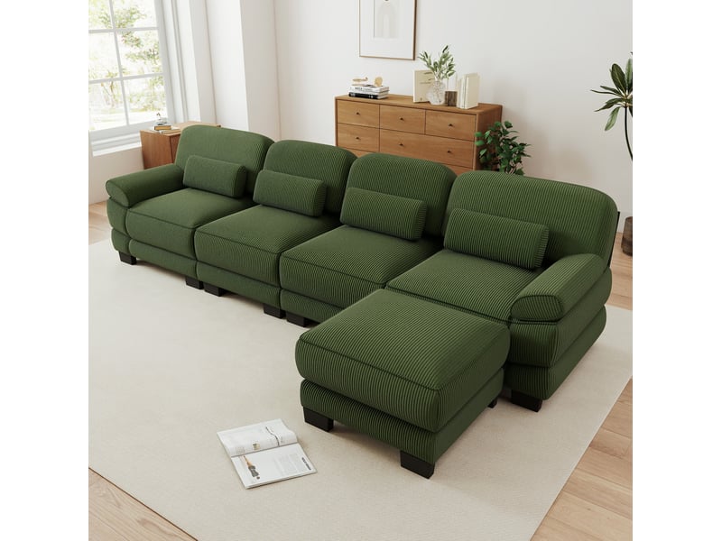 Canapé modulable tcqpz 4 places en l avec pouf 336 x 161 x 94 cm velours côtelé vert - Conforama D