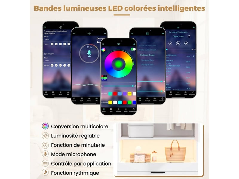  Armoire 2 portes avec miroir et éclairage led intégré, finition chêne, 90x47x200 cm  - Conforama E