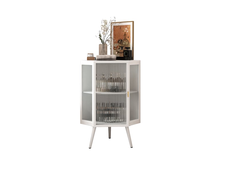  Meuble d’angle au sol 80 cm avec portes en verre trempé, 2 niveaux de rangement, blanc  - Conforama A