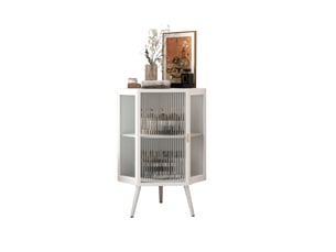 Meuble d’angle au sol 80 cm avec portes en verre trempé, 2 niveaux de rangement, blanc