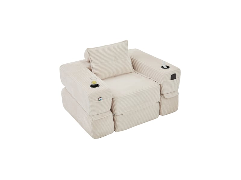  Canapé convertible 1 place avec poches latérales, porte-gobelets et accoudoirs amovibles en velours côtelé beige  - Conforama A