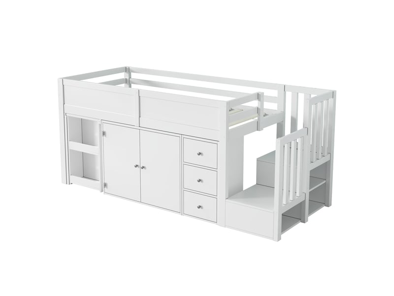  Lit mezzanine enfant multifonctionnel avec bureau escamotable et compartiment de rangement latéral, armoire, tiroir, escalier et placard sous l'escalier, sans matelas, mdf, blanc 90*200  - Conforama D