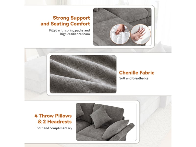  Canapé d'angle 4 places en chenille gris avec 2 poufs et accoudoirs réglables 90 120 180 degrés  - Conforama R