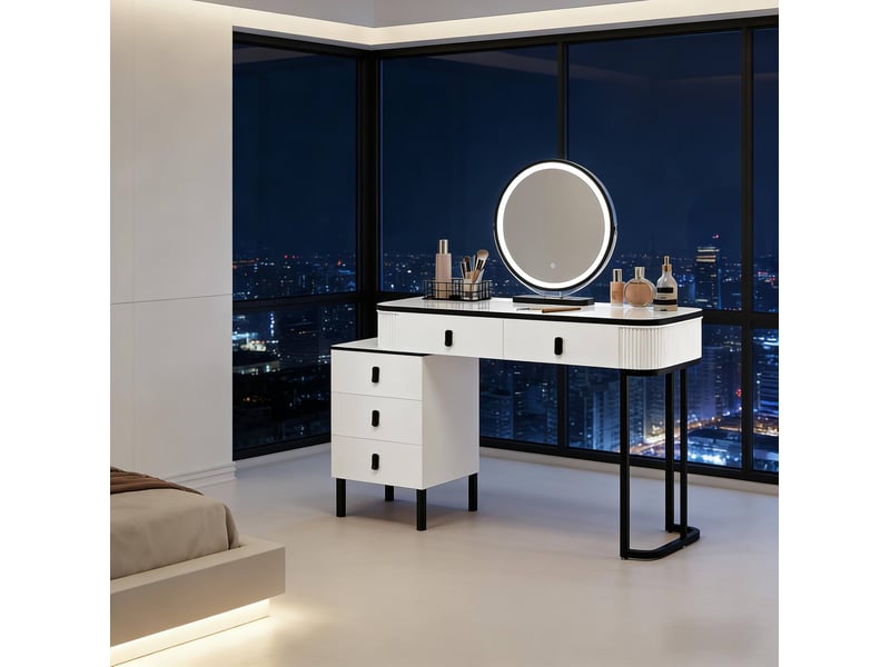  Coiffeuse noir et blanc avec miroir led réglable et 5 tiroirs  - Conforama C