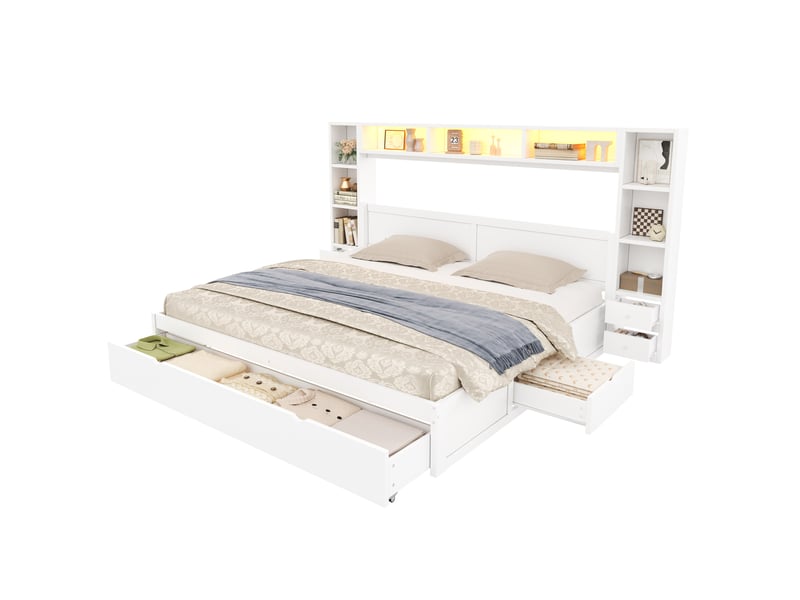  Cadre de lit plateforme 180x200 cm avec rangement, 7 tiroirs, éclairage led, en mdf, coloris blanc, vendu sans matelas  - Conforama A