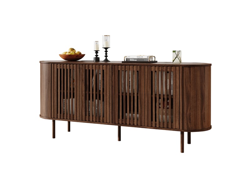  Buffet bois foncé 160 × 40 × 70 cm, en mdf et métal, avec étagères réglables, portes coulissantes et pieds en métal  - Conforama A