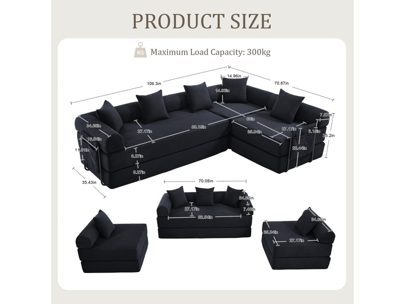  Canapé d'angle 4 places moderne 270x180x64 cm, stockage, poches, modulable à volonté, en velours côtelé, noir  - Conforama C
