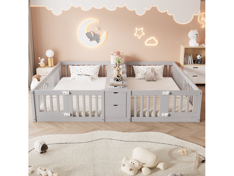  Lit enfant double 90x200 cm avec rangement, garde-corps hauts, bois, gris sans matelas  - Conforama C