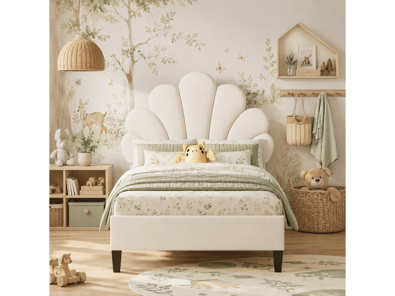  Lit enfant 90x190 avec sommier à lattes - lit rembourré 1 places avec tête de lit réglable en forme de fleur - tête de lit florale réglable - lit simple - lit simple avec tête de lit fleur réglable en hauteur - 1 personne - velo…  - Conforama B