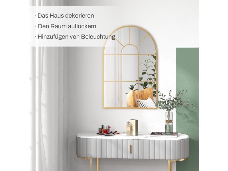  Miroir mural fenêtre décoratif 60x91 cm – doré – cadre en métal arqué avec crochets préinstallés  - Conforama E