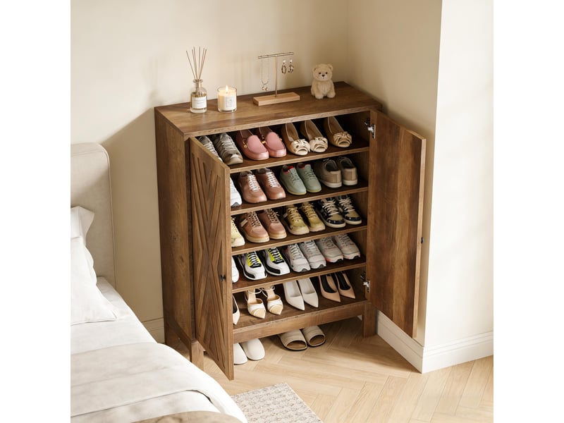Meuble à chaussures 5 niveaux 20 paires avec étagères réglables - lpospi - portes, mdf et métal marron rustique - Conforama B
