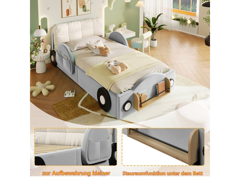  Lit coffre enfant simple 90×200 cm avec rangement hydraulique et poches - okmyhome- gris, sans matelas  - Conforama E
