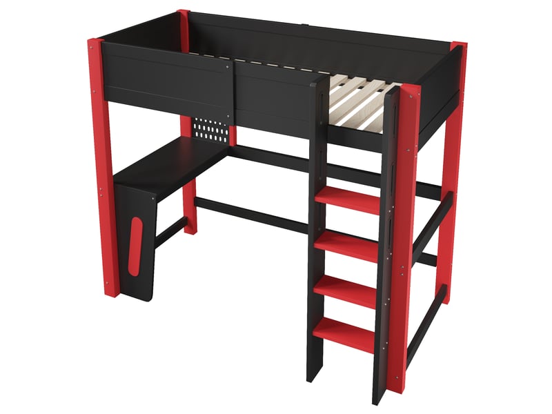 Lit mezzanine enfant 90 × 200 cm avec bureau, panneau perforé et led réglable, sans matelas, en pin et mdf noir - Conforama A